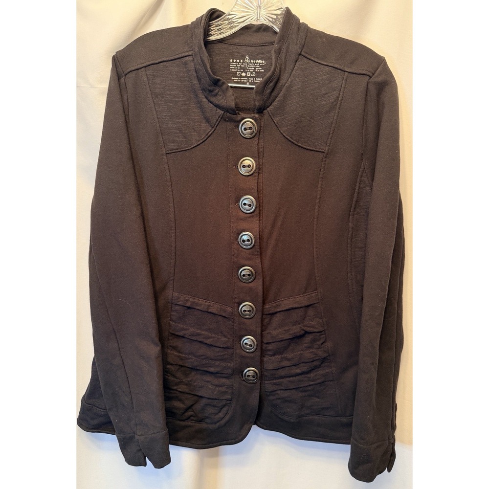 Neon Buddha Women's Medium Button Front Jacket Lightweight Stretch Black Pleated